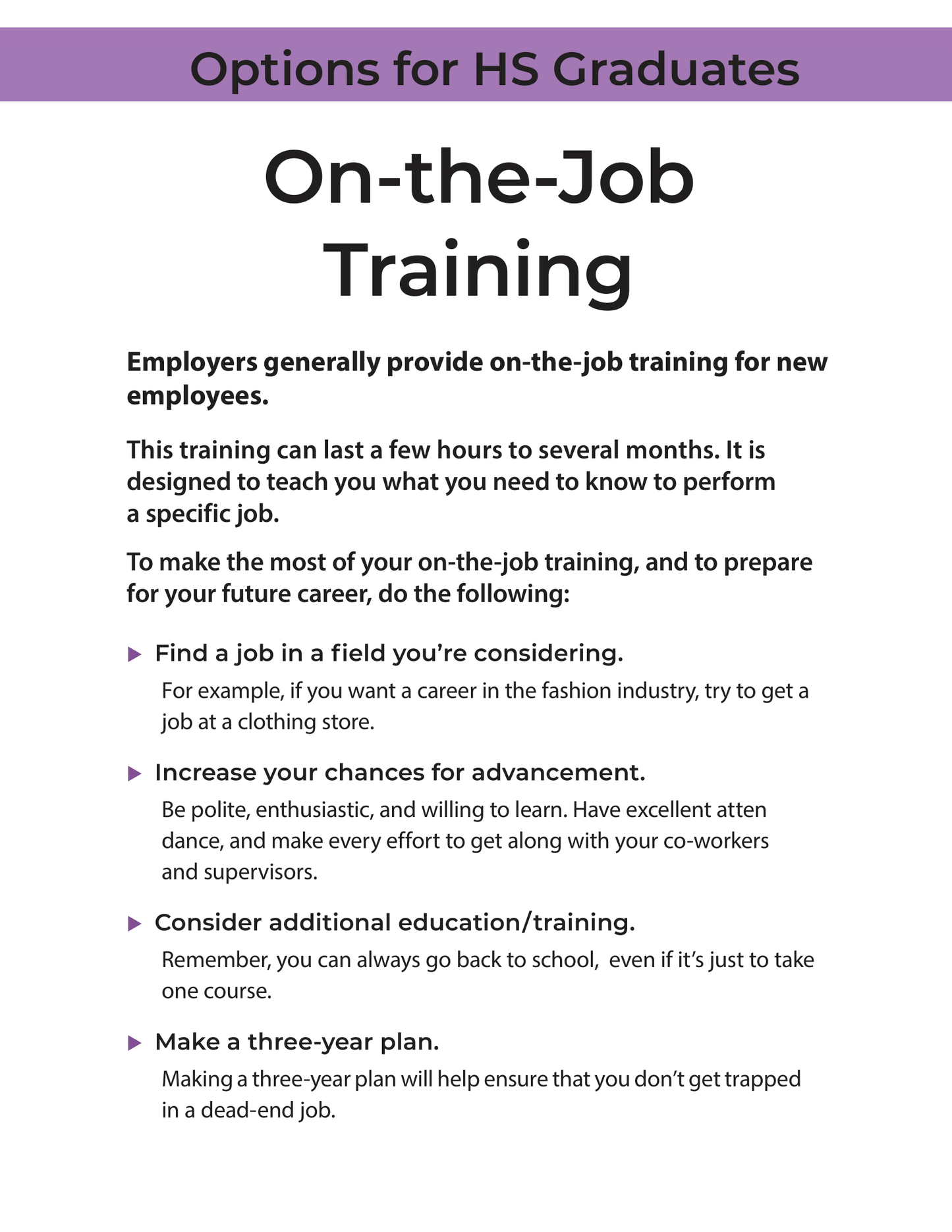 Options for HS Graduates - On-the-Job Training