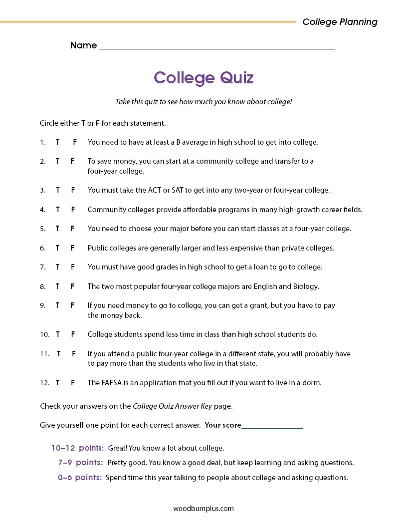 College Quiz with Answer Key – Woodburn Plus