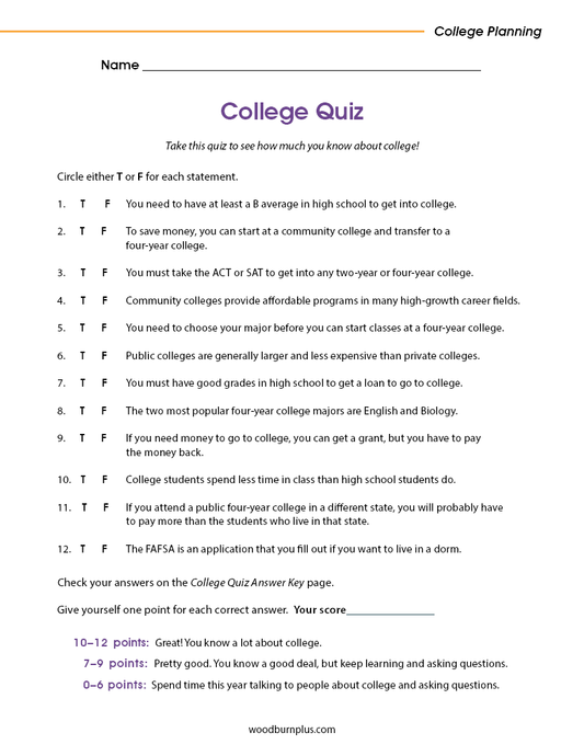 College Quiz with Answer Key