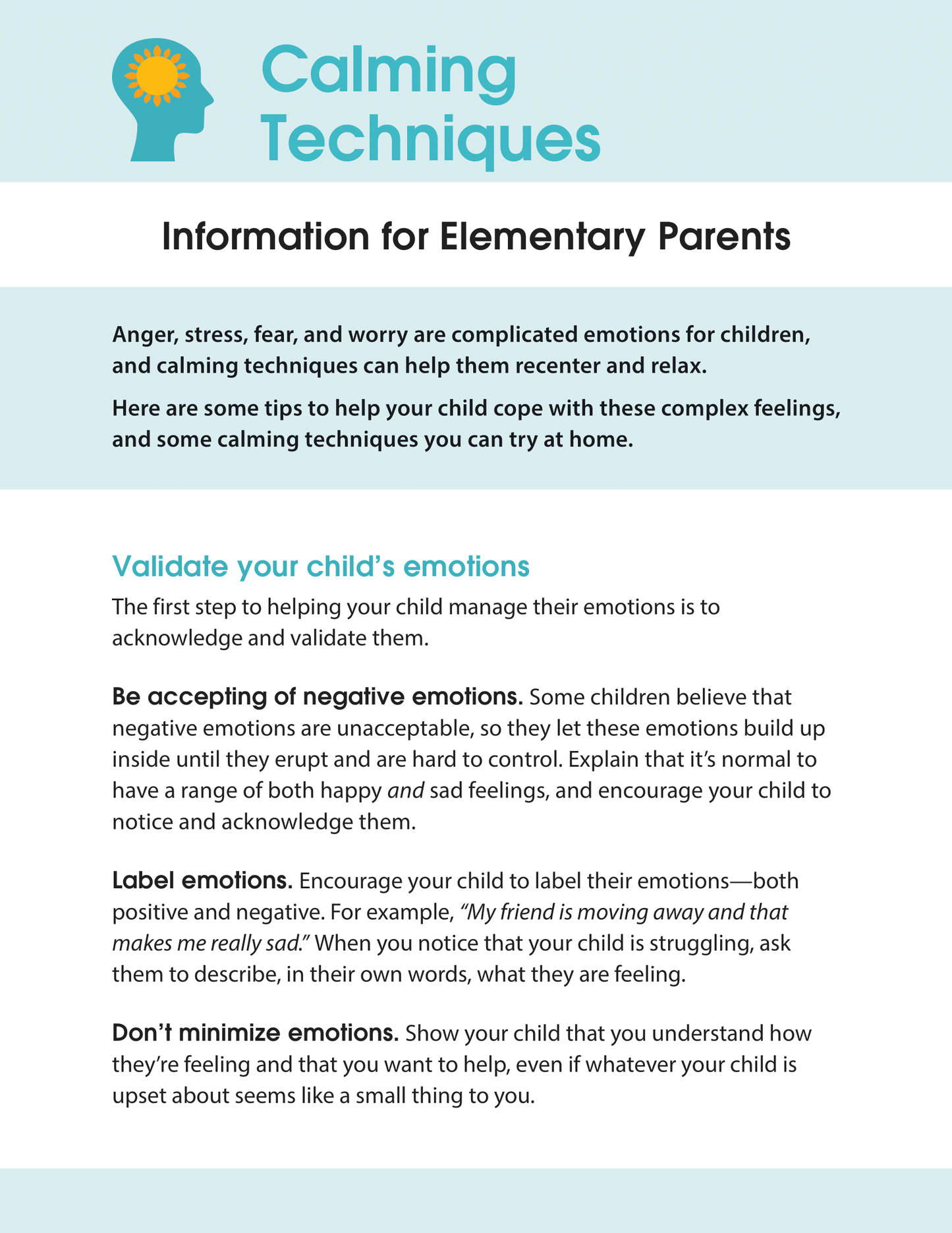 Calming Techniques - Information for Elementary Parents