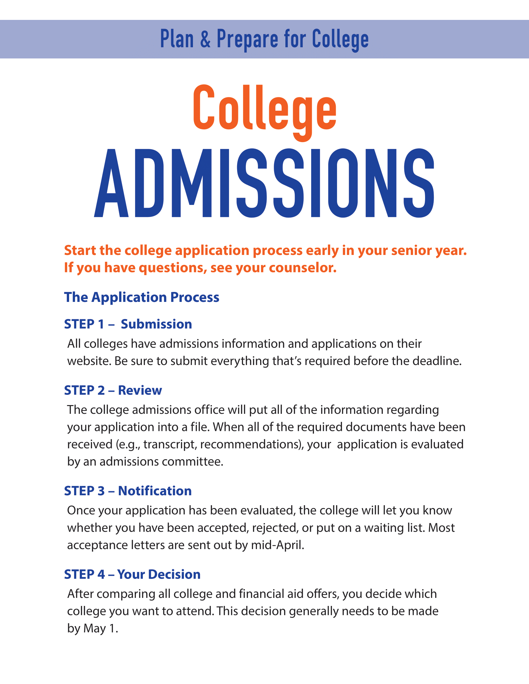 Plan and Prepare for College - College Admissions